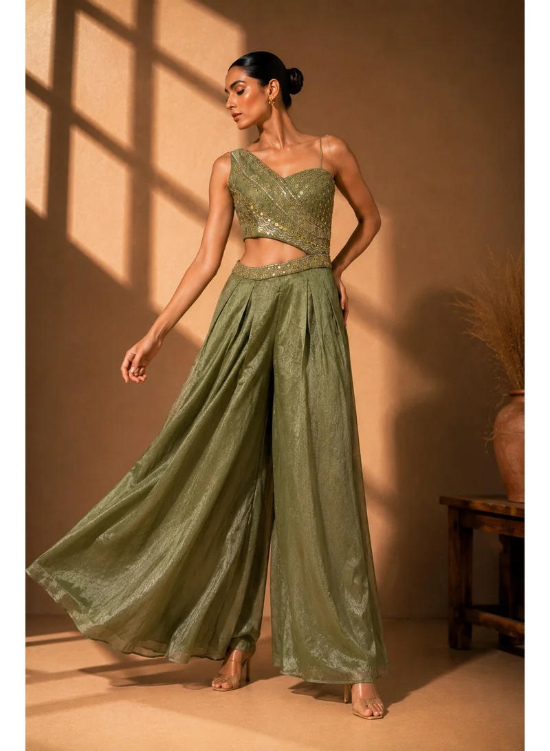 Lehar  Olive Green One-Shoulder Embroidered Crop Top Palazzo Set for Women | Best Price UAE