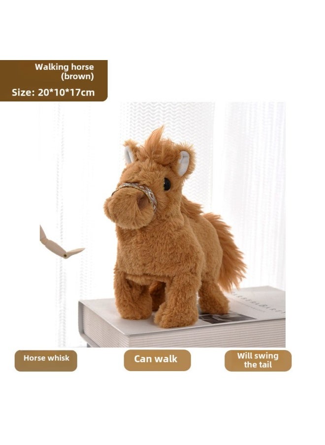 [Direct Supply] Electric Plush Walking Horse Doll Simulation Horse Call Rope Walking Simulation Electronic Pet-Color:Light Brown  - Image 1