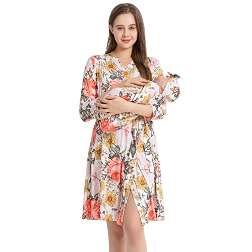 Galabloomer Maternity Robe and Baby Receiving Blanket, Matching Mommy Labor Delivery Robe and Swaddle Set Garden Flower - Image 1