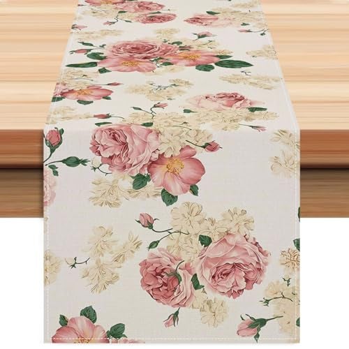 ZCHOMI Spring Pink Peony Table Runner 13x72 Inch Spring Pink and Yellow Flowers Kitchen Dinning Table Decoration for Indoor Outdoor Home Party Décor - Image 1