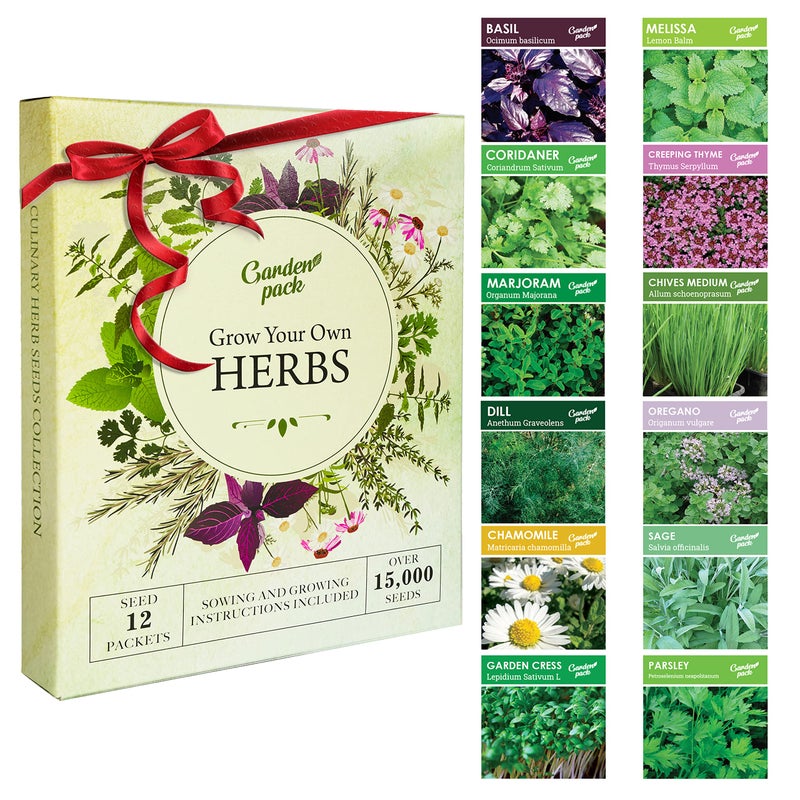 Garden Pack مجموعة زراعة الأعشاب الخاصة بك - عبوة متنوعة من 12 نوع من بذور الأعشاب - بذور الريحان، بذور النعناع، بذور إكليل الجبل، بذور الأوريجانو، بذور البقدونس والمزيد من العبوات في صندوق مع دليل بذور الأعشاب من جاردن باك - Image 1