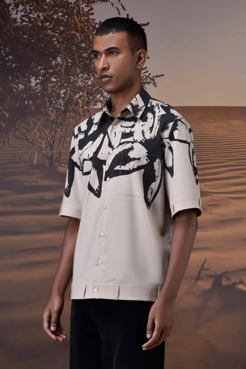 Genes Lecoanet Hemant Beige Abstract Print Summer Shirt