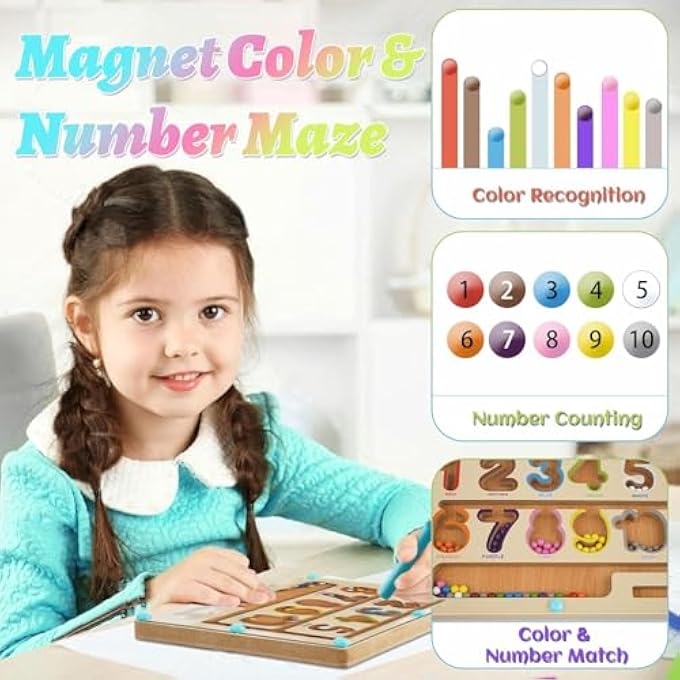 COLOR AND NUMBER MAZE WOODEN MONTESSORI PUZZLE GAME WITH WAND FOR KIDS, COLOR MATCHING AND COUNTING BOARD TOY FOR TODDLERS, EDUCATIONAL STEM LEARNING ACTIVITY FOR BOYS AND GIRLS - Image 3