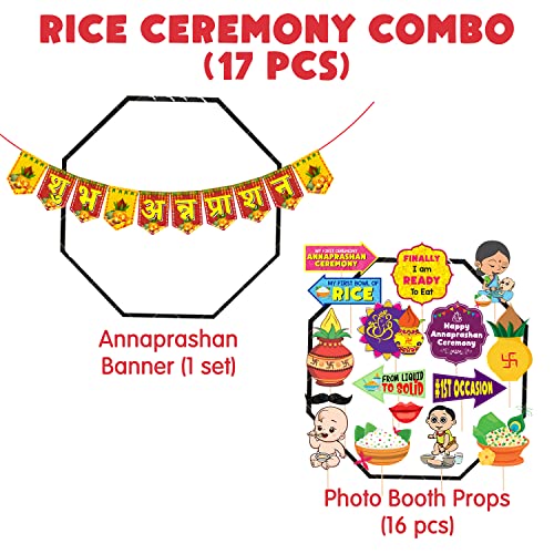 Zyozique Annaprasanam Photo Booth Props with Annaprasanam Paper Banner Hindi Font Shubh Annaprashan Yellow & Red Color Font/Rice Ceremony Decorations Items /(Pack of 17) - Image 2