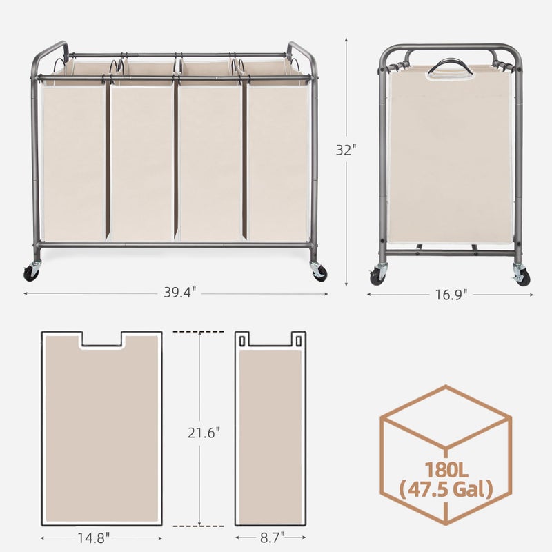 STORAGE MANIAC Laundry Sorter 4 Section, Laundry Hamper with Wheels, Laundry Basket Sorter, Laundry Separator Hamper, Laundry Divider Hamper, 4 Bag Laundry Hamper with Wheels and Removable Bags, Beige - Image 3