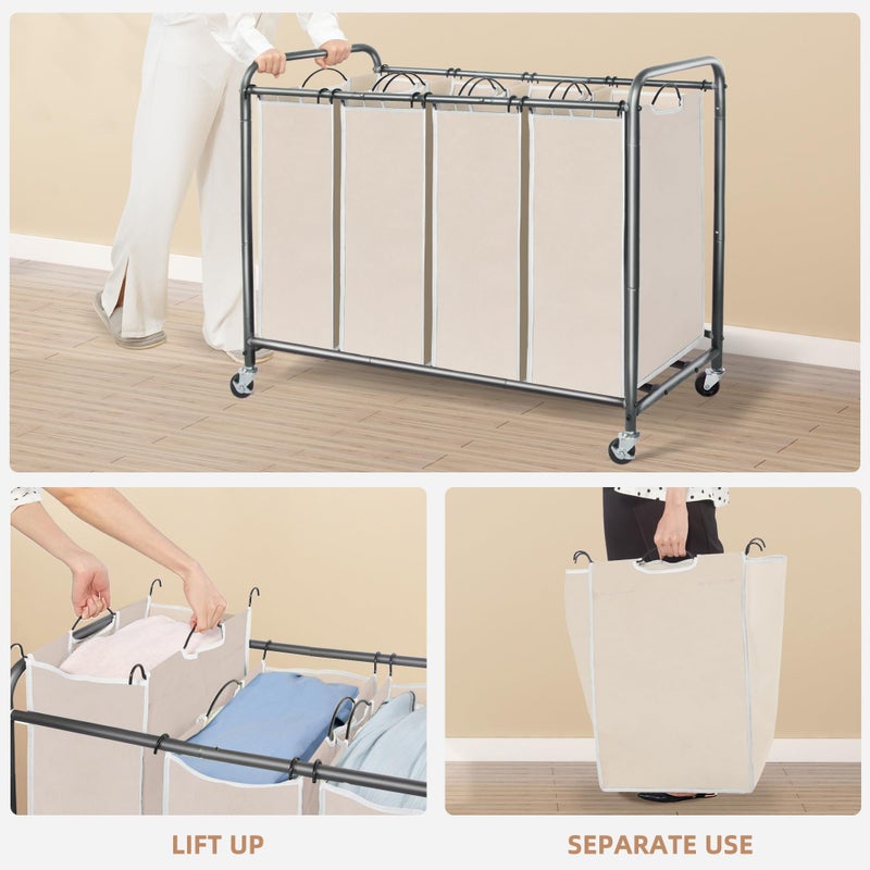 STORAGE MANIAC Laundry Sorter 4 Section, Laundry Hamper with Wheels, Laundry Basket Sorter, Laundry Separator Hamper, Laundry Divider Hamper, 4 Bag Laundry Hamper with Wheels and Removable Bags, Beige - Image 4