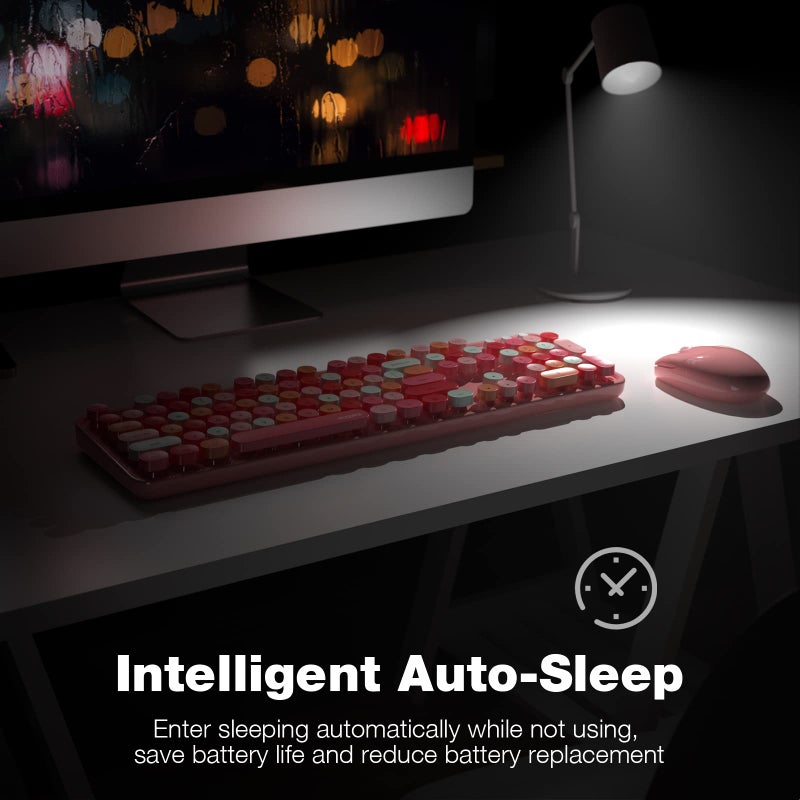 MOFII Wireless Keyboard and Mouse Combo, Pink Wireless Keyboard, 2.4GHz Retro Full Size with Number Pad & Cute Wireless Mouse for Computer PC Laptop Windows XP/7/8/10 (Pink-Colorful) - Image 4