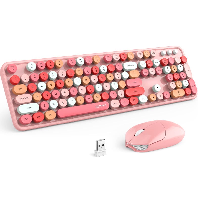 MOFII Wireless Keyboard and Mouse Combo, Pink Wireless Keyboard, 2.4GHz Retro Full Size with Number Pad & Cute Wireless Mouse for Computer PC Laptop Windows XP/7/8/10 (Pink-Colorful) - Image 1