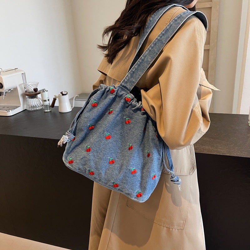 Denim Bucket Bag Women'S Casual Fashionable Shoulder Bag Large Capacity General Bag - Image 2