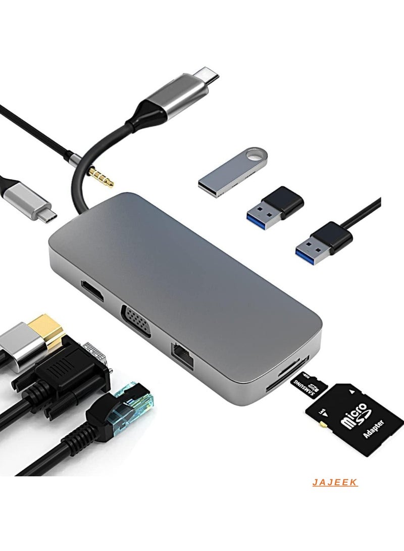 JAJEEK 10-in-1 USB C HUB to HDMI 4K Adapter with VGA, 100W PD Charging, USB 3.0/2.0, Gigabit Ethernet, SD/TF Card Reader, 3.5mm Audio, Type-C Docking Station for MacBook & More - Image 1