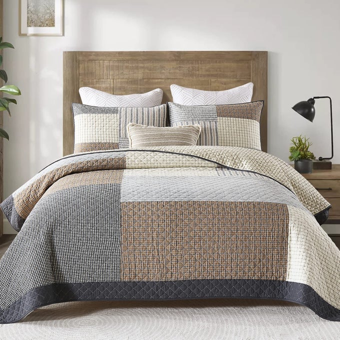 QUILTS QUEEN SIZE 100 COTTON LIGHTWEIGHT SOFT QUEEN QUILT REAL PATCHWORK PLAID QUILTED BEDSPREAD BROWN BEIGE GRAY REVERSIBLE QUILT BEDDING SET 3 PIECES