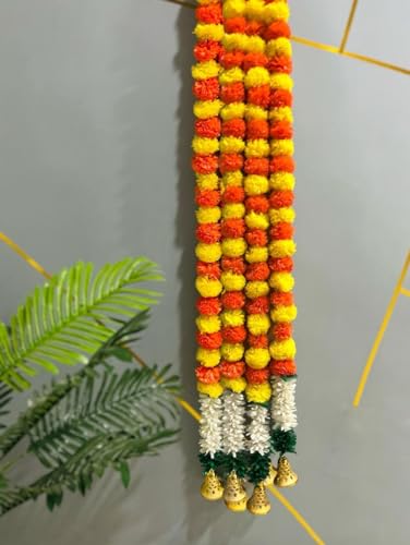 ABHAAS 10pc Handmade Artificial Marigold Flowers for Decoration Long Flower Garlands for Door Decoration Toran Genda Phool for Wedding/Festivals with Bells (Design 2, 5 Feet, Set of 10) - Image 5