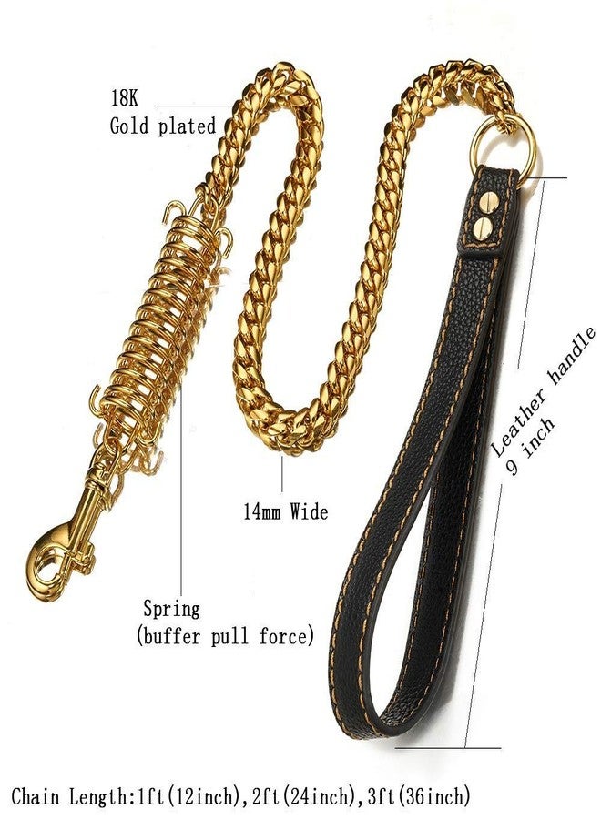 AIYIDI 1ft, 2ft, 3ft Strong Gold Metal Cuban Curb Link Chain 14mm Stainless Steel Dog Safety Leash Buffer Spring Labor-Saving Genuine Leather Handle Dog Leash (Gold,12inch) - Image 3