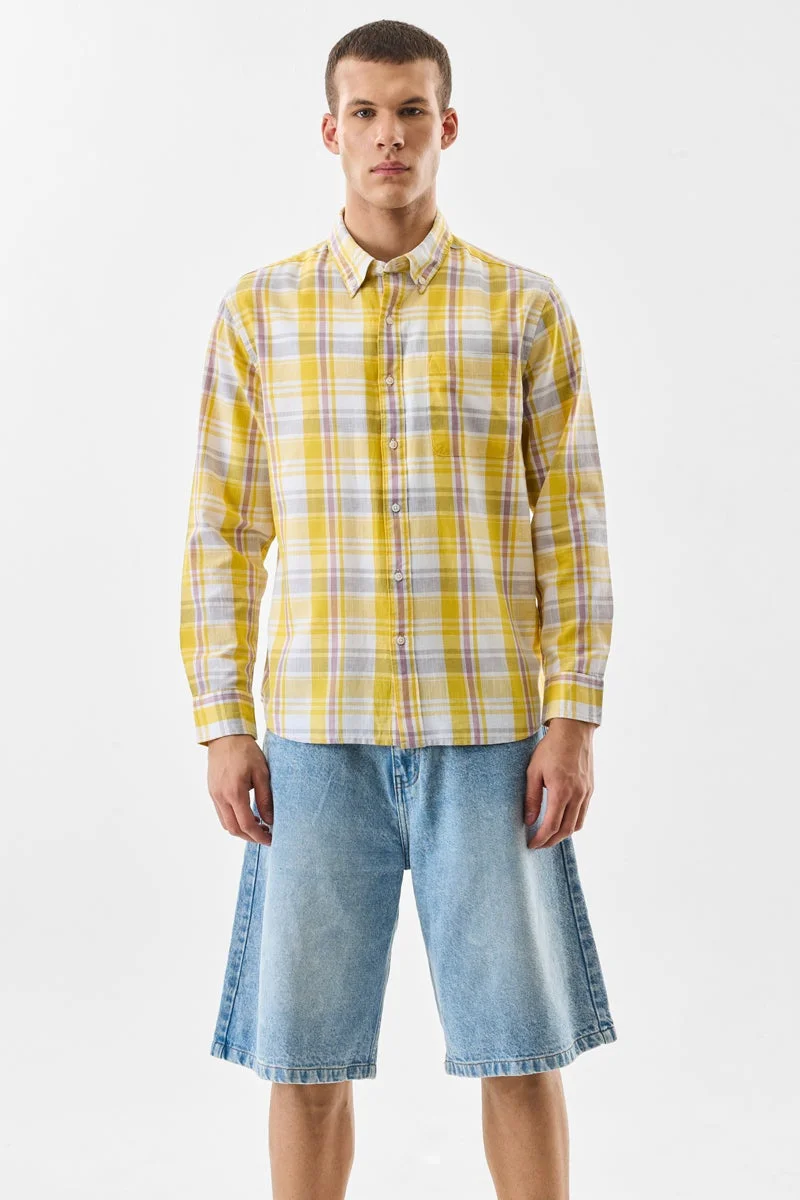 SNITCH Yellow Checkered Long Sleeve Regular Fit Shirt