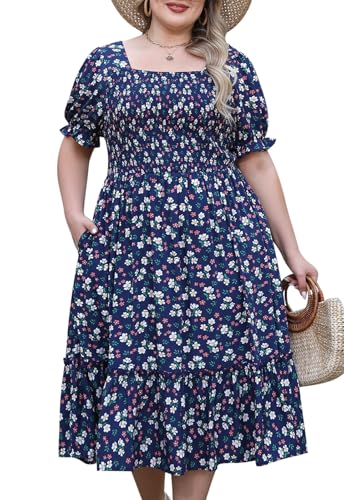 Nemidor Womens Casual Plus Size Midi Dress Summer Floral Print Puff Sleeve Smocked Long Boho Dresses with Pocket 16-26(601,18,NavyWhite) - Image 1
