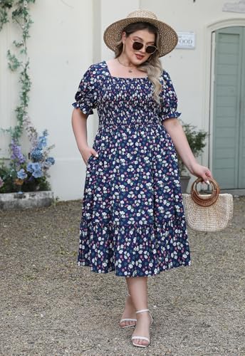 Nemidor Womens Casual Plus Size Midi Dress Summer Floral Print Puff Sleeve Smocked Long Boho Dresses with Pocket 16-26(601,18,NavyWhite) - Image 4