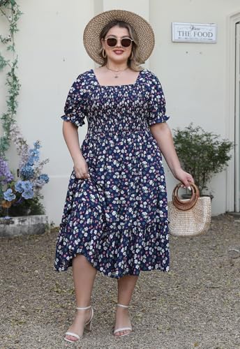 Nemidor Womens Casual Plus Size Midi Dress Summer Floral Print Puff Sleeve Smocked Long Boho Dresses with Pocket 16-26(601,18,NavyWhite) - Image 5