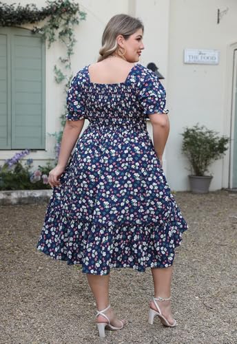 Nemidor Womens Casual Plus Size Midi Dress Summer Floral Print Puff Sleeve Smocked Long Boho Dresses with Pocket 16-26(601,18,NavyWhite) - Image 2