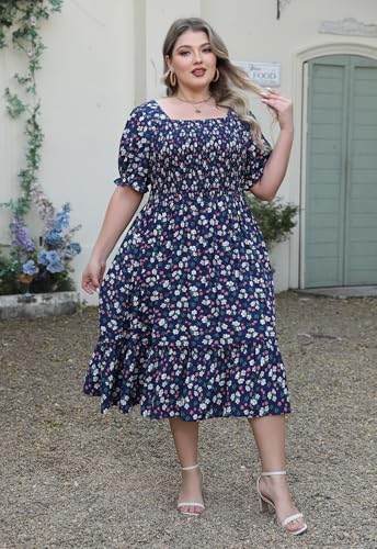 Nemidor Womens Casual Plus Size Midi Dress Summer Floral Print Puff Sleeve Smocked Long Boho Dresses with Pocket 16-26(601,18,NavyWhite) - Image 3