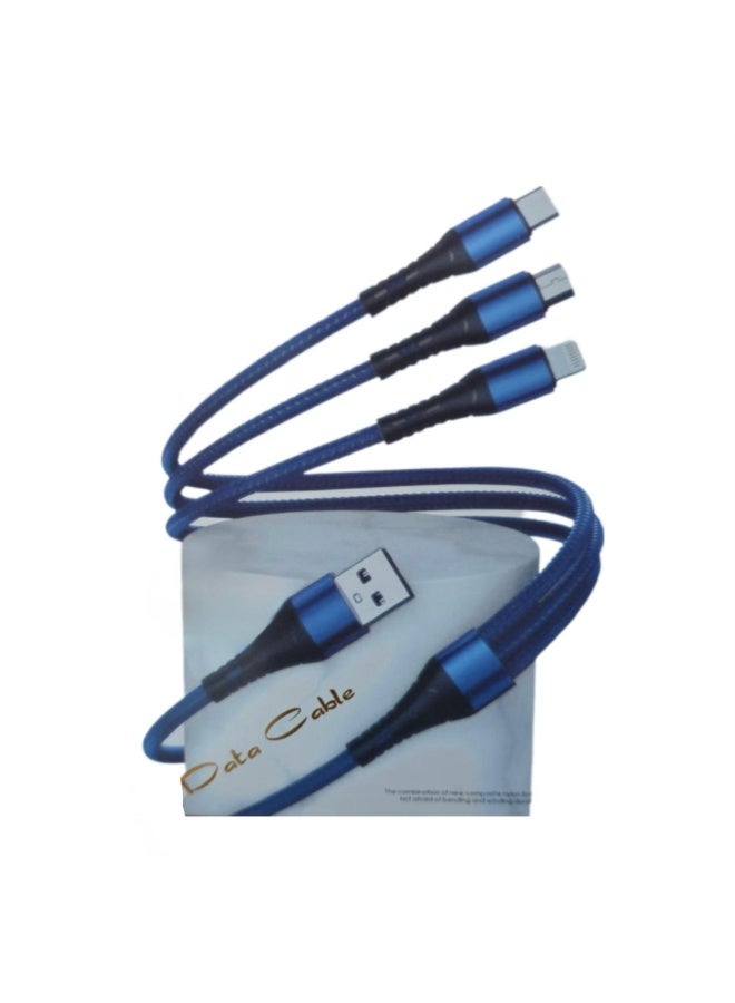 3in1 Data Cable MOC-031, 6A Fast Charging, Nylon Braided, compatible with Micro, Lightning and Type-C, 130cm, Blue - Image 1