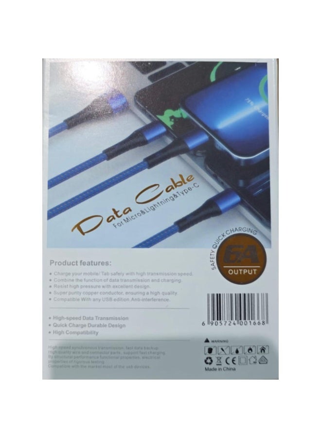 3in1 Data Cable MOC-031, 6A Fast Charging, Nylon Braided, compatible with Micro, Lightning and Type-C, 130cm, Blue - Image 3
