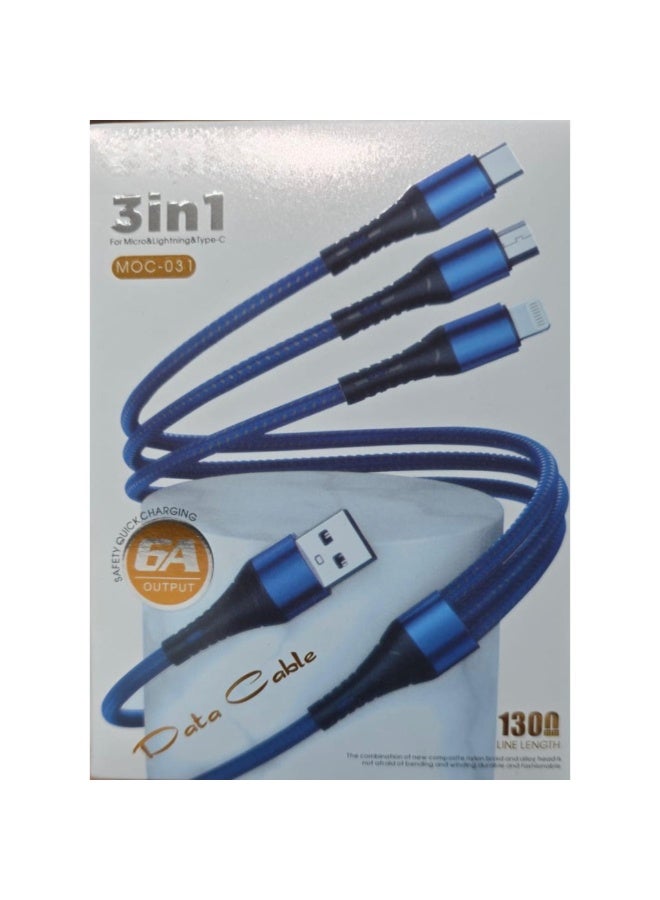 3in1 Data Cable MOC-031, 6A Fast Charging, Nylon Braided, compatible with Micro, Lightning and Type-C, 130cm, Blue - Image 2