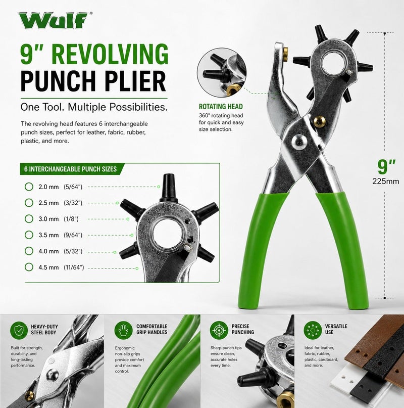 Wulf 9-Inch Revolving Leather Hole Punch Plier 225mm Heavy Duty Carbon Steel Eyelet Punch Tool with 6 Multi Size Settings for Belts Watch Straps Canvas Cardboard Craft DIY Hand Tool Professional Use - Image 5