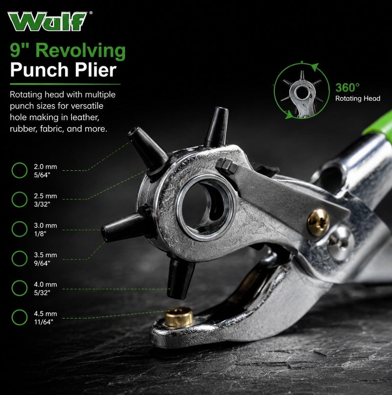 Wulf 9-Inch Revolving Leather Hole Punch Plier 225mm Heavy Duty Carbon Steel Eyelet Punch Tool with 6 Multi Size Settings for Belts Watch Straps Canvas Cardboard Craft DIY Hand Tool Professional Use - Image 3