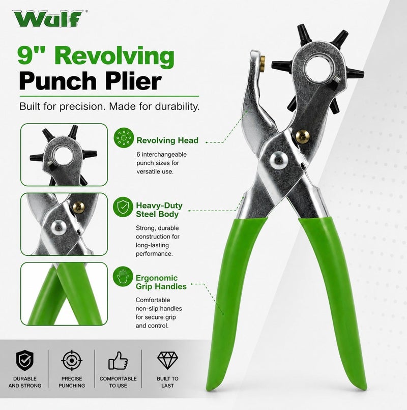 Wulf 9-Inch Revolving Leather Hole Punch Plier 225mm Heavy Duty Carbon Steel Eyelet Punch Tool with 6 Multi Size Settings for Belts Watch Straps Canvas Cardboard Craft DIY Hand Tool Professional Use - Image 4