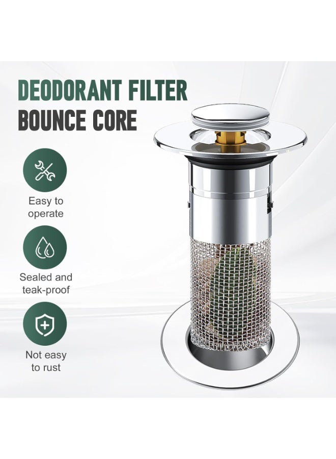 FAYET 3-Pack Universal Pop-Up Sink Stoppers with Hair Catcher, Stainless Steel Bathroom Drain Strainer with Removable Basket, Floor Drain Filter for Basins & Bathtubs - Image 2