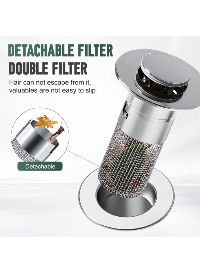 FAYET 3-Pack Universal Pop-Up Sink Stoppers with Hair Catcher, Stainless Steel Bathroom Drain Strainer with Removable Basket, Floor Drain Filter for Basins & Bathtubs - Image 4