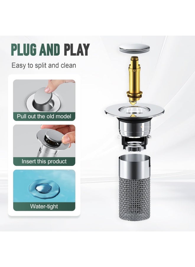 FAYET 3-Pack Universal Pop-Up Sink Stoppers with Hair Catcher, Stainless Steel Bathroom Drain Strainer with Removable Basket, Floor Drain Filter for Basins & Bathtubs - Image 3