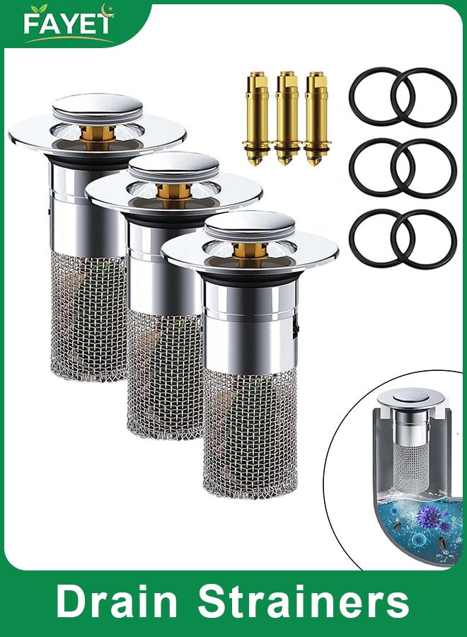 FAYET 3-Pack Universal Pop-Up Sink Stoppers with Hair Catcher, Stainless Steel Bathroom Drain Strainer with Removable Basket, Floor Drain Filter for Basins & Bathtubs - Image 1
