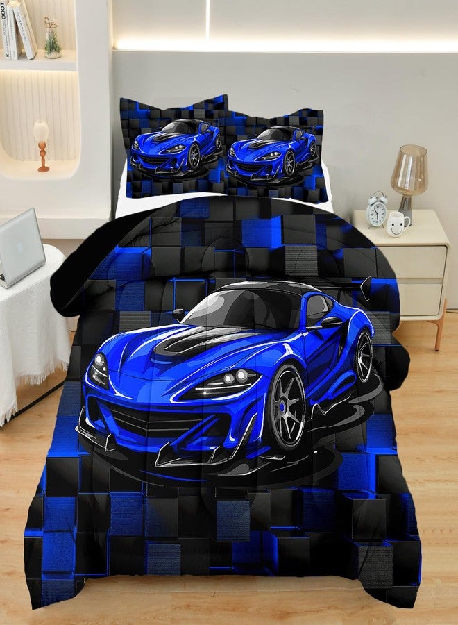 ASKOTU Race Car Twin Boy Bedding Set, Blue Sports Car Comforter Set Twin Size for Boys, 3 Pcs Cool Twin Bedding Set for Boys - Image 1