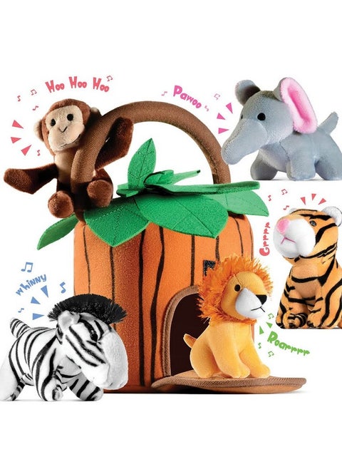 Plush Talking Stuffed Animals Jungle Set - Plush Toys Set With Carrier For Kids Babies & Toddlers - 6 Piece Set Baby Stuffed Animals Includes Stuffed Elephant, Tiger, Lion, Zebra, Monkey
