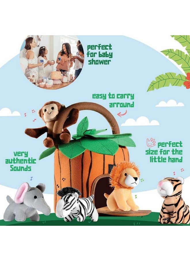 Plush Talking Stuffed Animals Jungle Set - Plush Toys Set With Carrier For Kids Babies & Toddlers - 6 Piece Set Baby Stuffed Animals Includes Stuffed Elephant, Tiger, Lion, Zebra, Monkey