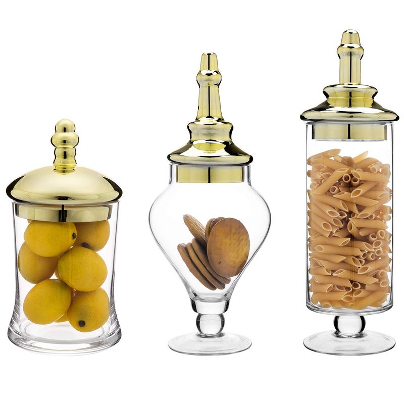 MyGift 3 Piece Set Antique Clear Glass Bathroom Apothecary Jars with Lid, Wedding Centerpiece, Kitchen Storage Jars with Metallic Brass-Tone Lids - Image 2