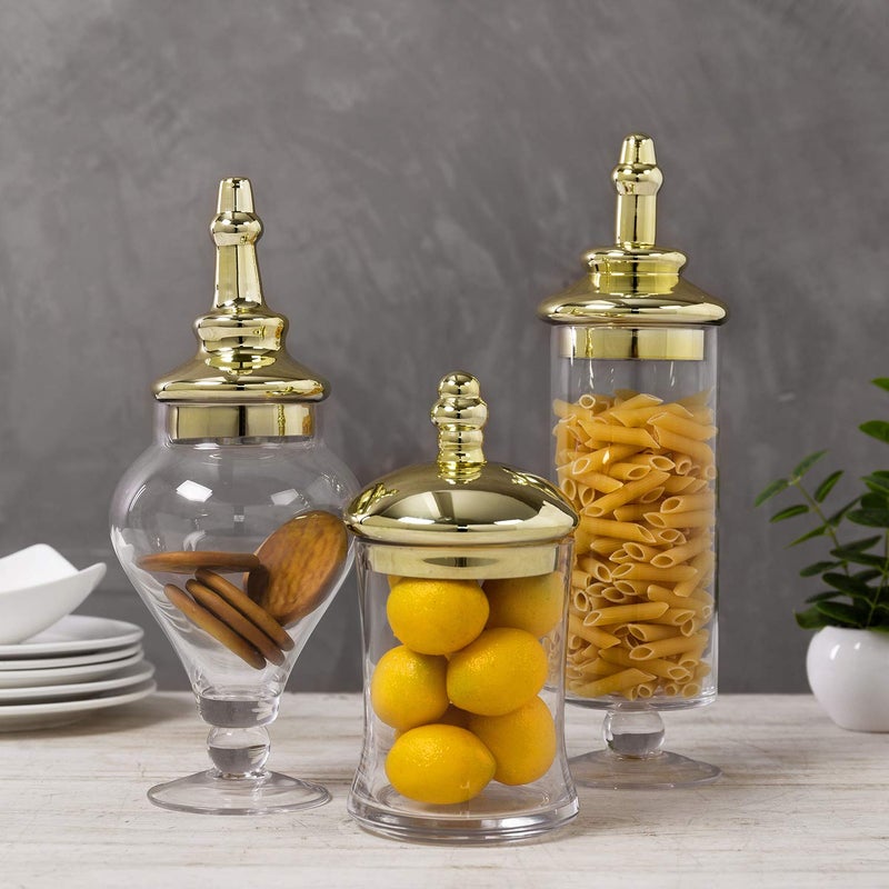 MyGift 3 Piece Set Antique Clear Glass Bathroom Apothecary Jars with Lid, Wedding Centerpiece, Kitchen Storage Jars with Metallic Brass-Tone Lids - Image 1