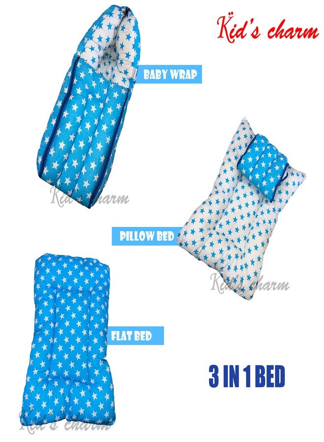 Kid's Charm Star 2 PCS Combo Set |3 in 1 Baby's Cotton Cum Carry Bed|2 in 1 Baby's Cotton Bed with Mosquito Net for 0-4 Months (Blue) - Image 2