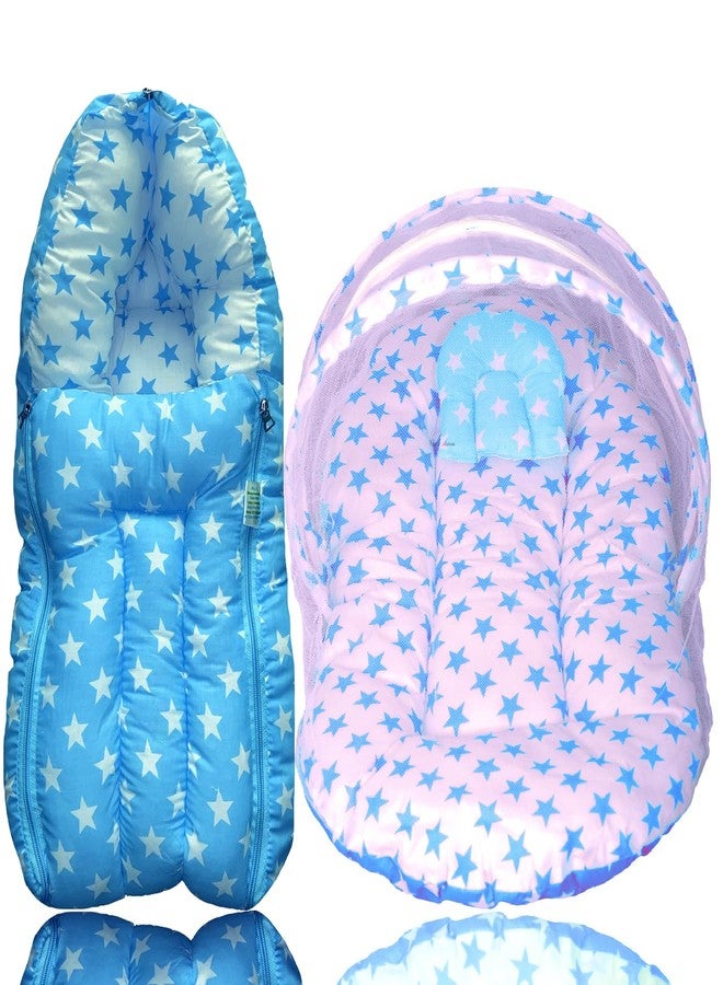 Kid's Charm Star 2 PCS Combo Set |3 in 1 Baby's Cotton Cum Carry Bed|2 in 1 Baby's Cotton Bed with Mosquito Net for 0-4 Months (Blue) - Image 1