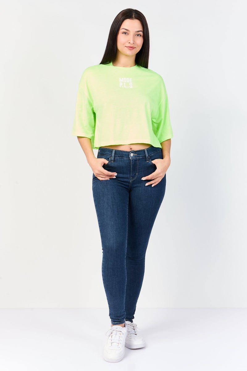 UNDIZ Women Crew Neck Short Sleeve Graphic Print Top, Lime Green - Image 2
