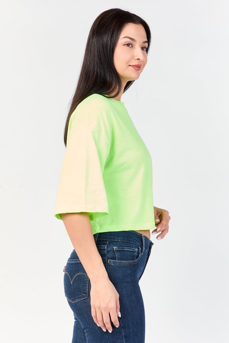 UNDIZ Women Crew Neck Short Sleeve Graphic Print Top, Lime Green - Image 4