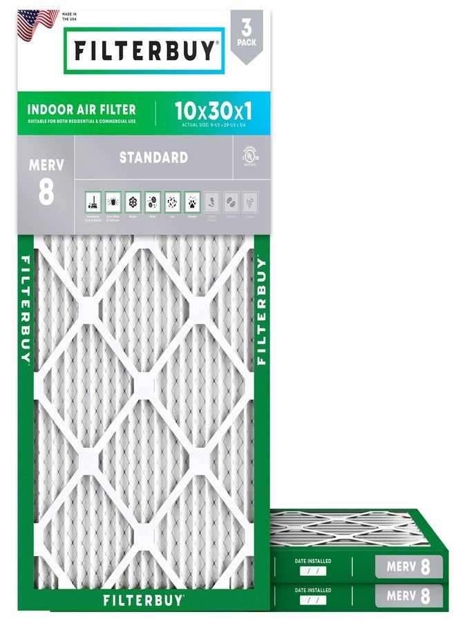 Filterbuy 10x30x1 Air Filter MERV 8 Dust Defense (3-Pack), Pleated HVAC AC Furnace Air Filters Replacement (Actual Size: 9.75 x 29.75 x 0.75 Inches) - Image 1