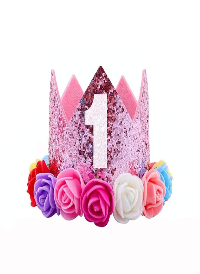 ipalmay Baby Princess Glitter Pink Crown, 1st Birthday Party Hat Pink with Mix Rainbow Color Flowers - Image 1
