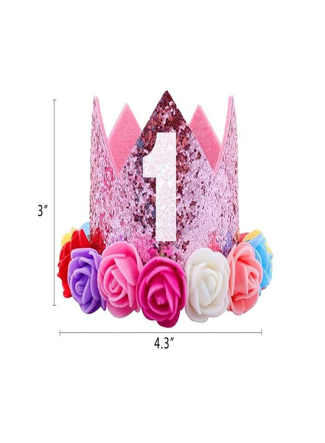 ipalmay Baby Princess Glitter Pink Crown, 1st Birthday Party Hat Pink with Mix Rainbow Color Flowers - Image 2