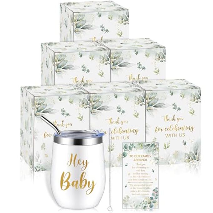 Hoolerry 6 Set Baby Shower Game Prizes for Guests Winners 12 oz Insulated Stainless Steel Tumbler Cup with Lids, Straws, Cleaning Brush, Cards & Boxes Return Gifts(White Green,Greenery)