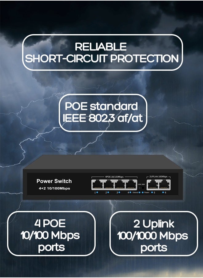 EXPGlobal Surveillance switch 4+2.4 PoE ports 100 Mbps, 2 up Link ports 100 Mbps, 65W, AI function Extend up to 250m, 4kv lightning protection, power over Ethernet,52V 1.25 A  - Image 2