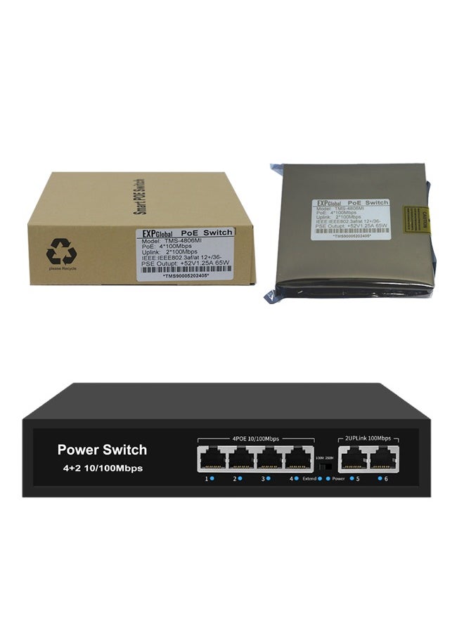 EXPGlobal - Surveillance switch 4+2.4 PoE ports 100 Mbps, 2 up Link ports 100 Mbps, 65W, AI function Extend up to 250m, 4kv lightning protection, power over Ethernet,52V 1.25 A - Image 1