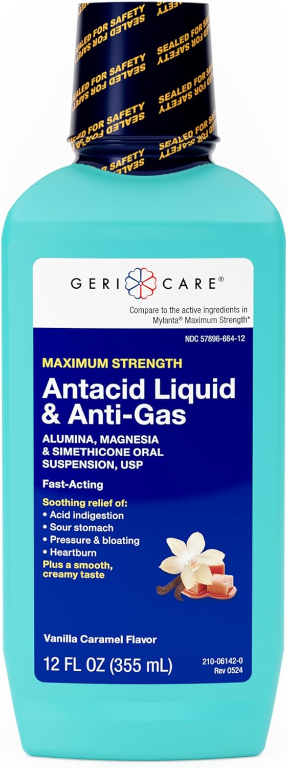 GeriCare Antacid Liquid & Anti-Gas Relief, Maximum Strength for Heartburn, Acid Reflux, Sour Stomach, Pressure & Bloating, Acid Indigestion, & Gas, Vanilla Caramel Flavor, 12 fl oz.