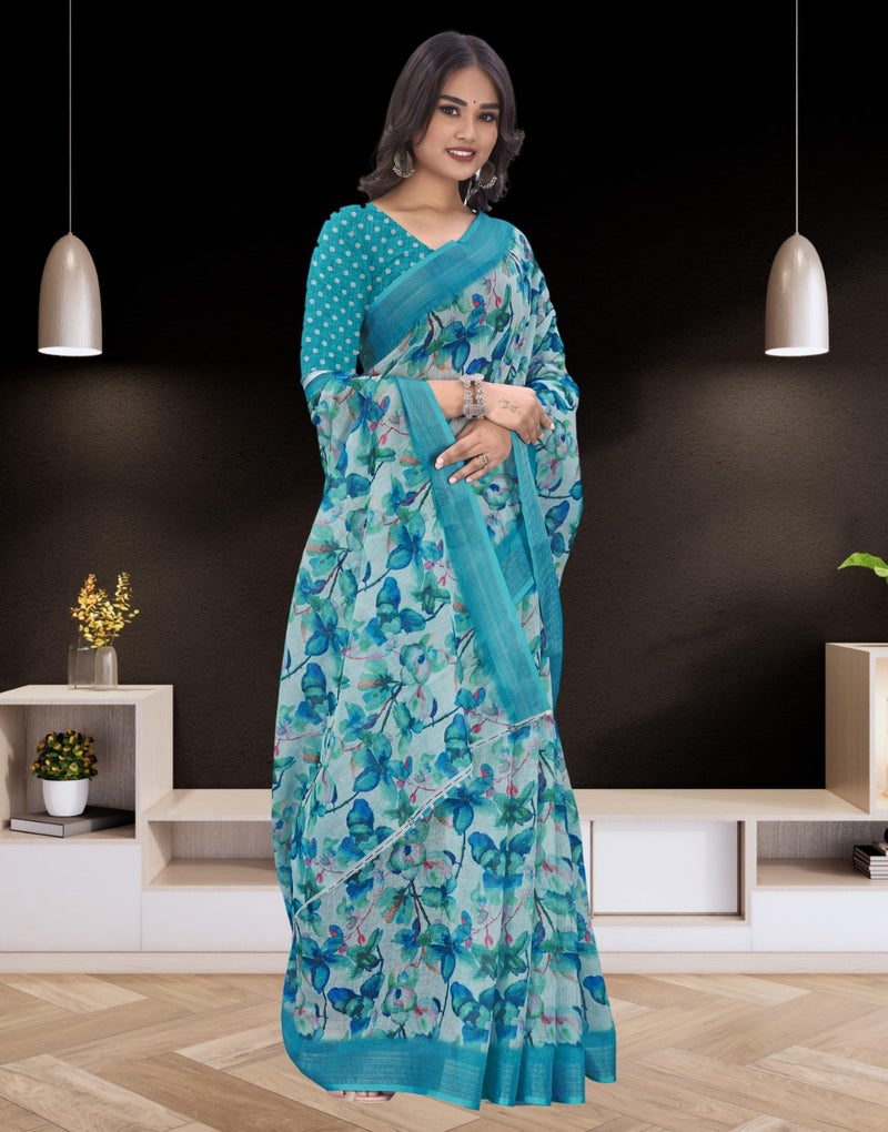 C J Enterprise Women’s Pure Soft Cotton Saree Linen For Kalamkari Silk Sarees Latest Party Design Wear Wedding Sadi With Blouse Piece Sari South Mulmul ikkat Mul Print 2025 New (Lilen Sea Sky Blue) - Image 4